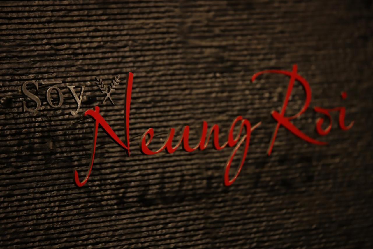 Hotel Radisson Blu Plaza Delhi Airport Nuova Delhi Esterno foto The image shows a close-up of a textured surface with the words "Soy x Neung Roi" prominently displayed. The text is partially in a bold, stylized red font, contrasting with the darker background. The overall aesthetic appears to be associated with a