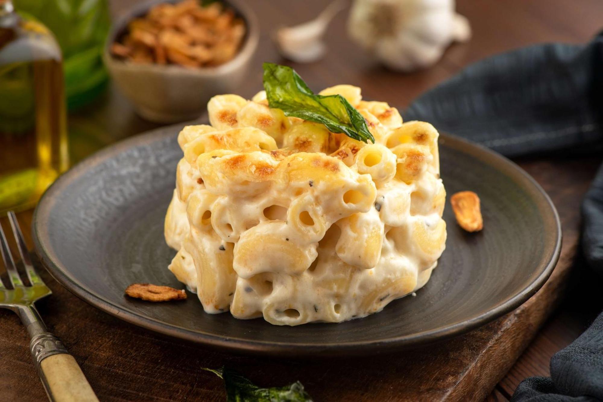Hotel Radisson Blu Plaza Delhi Airport Nuova Delhi Esterno foto The photo shows a serving of macaroni and cheese, presented in a round shape on a dark plate. The dish appears creamy and is topped with a green garnish, possibly a basil leaf. Surrounding the macaroni are hints of garlic, and there are additional in
